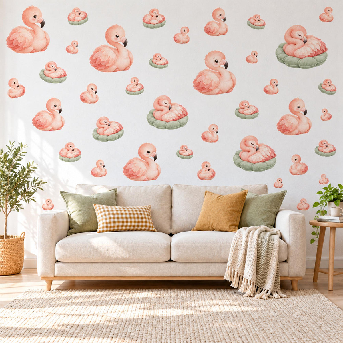 Flamingo Wall Stickers, Baby Flamingo Nursery Decor, Pink Bird Wall Decals, Blush Coral Sage Girls Room Peel and Stick Wall Art