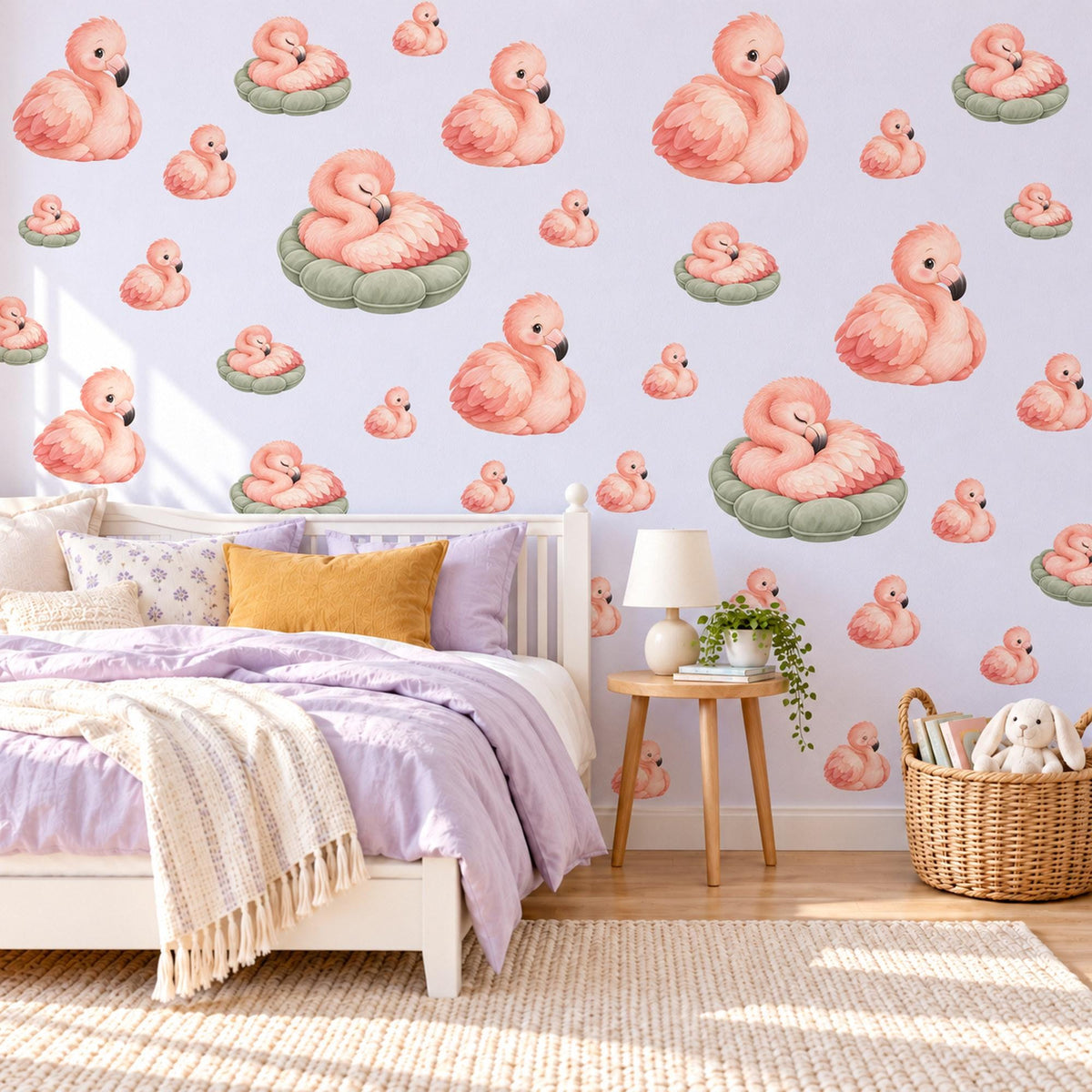 Flamingo Wall Stickers, Baby Flamingo Nursery Decor, Pink Bird Wall Decals, Blush Coral Sage Girls Room Peel and Stick Wall Art