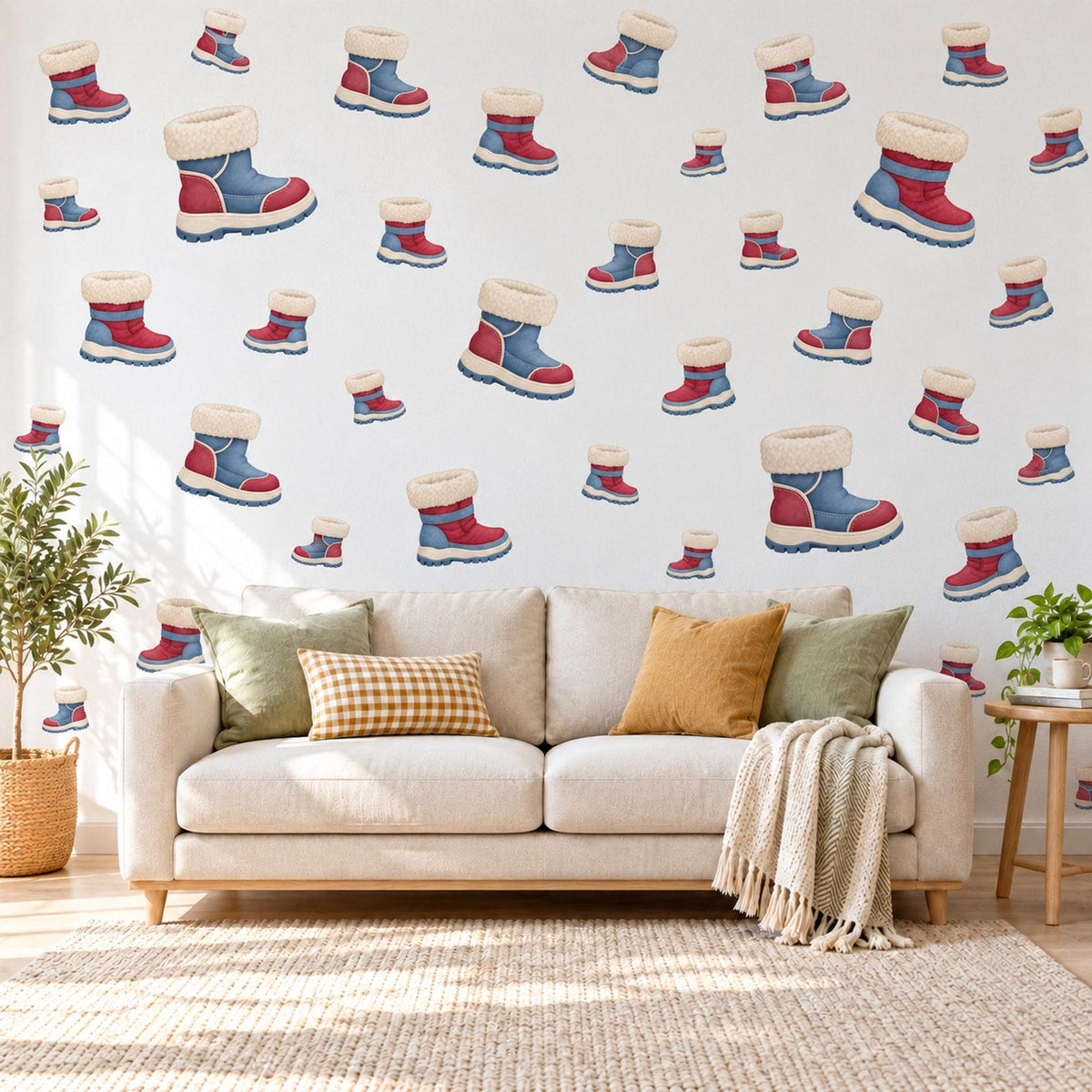 Snow Boot Wall Stickers, Winter Nursery Decor, Welly Boot Wall Decals, Red Denim Blue Cream Kids Room Peel and Stick Wall Art