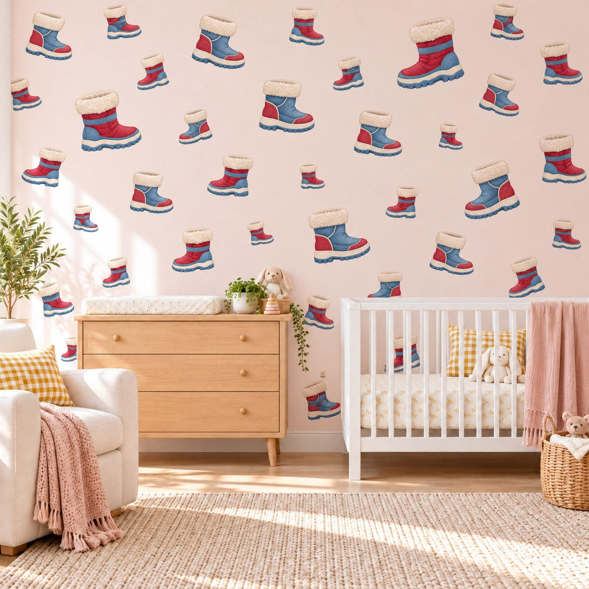 Snow Boot Wall Stickers, Winter Nursery Decor, Welly Boot Wall Decals, Red Denim Blue Cream Kids Room Peel and Stick Wall Art