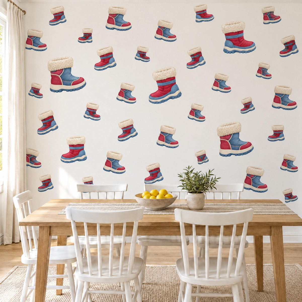 Snow Boot Wall Stickers, Winter Nursery Decor, Welly Boot Wall Decals, Red Denim Blue Cream Kids Room Peel and Stick Wall Art