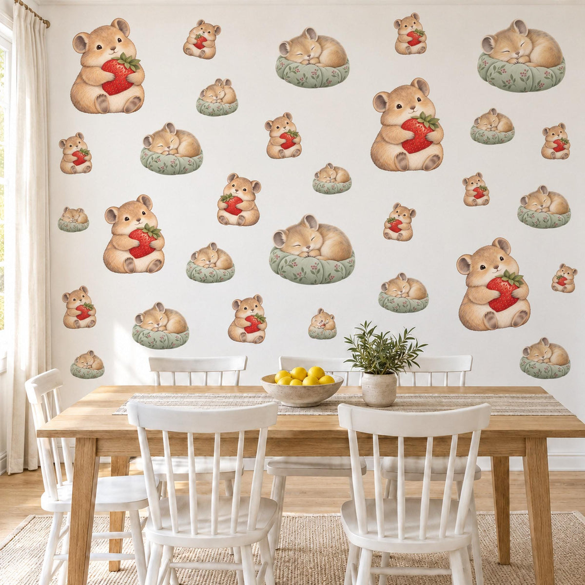 Pika Wall Stickers, Baby Animal Nursery Decor, Woodland Pika Berry Wall Decals, Caramel Red Sage Kids Room Peel and Stick Wall Art
