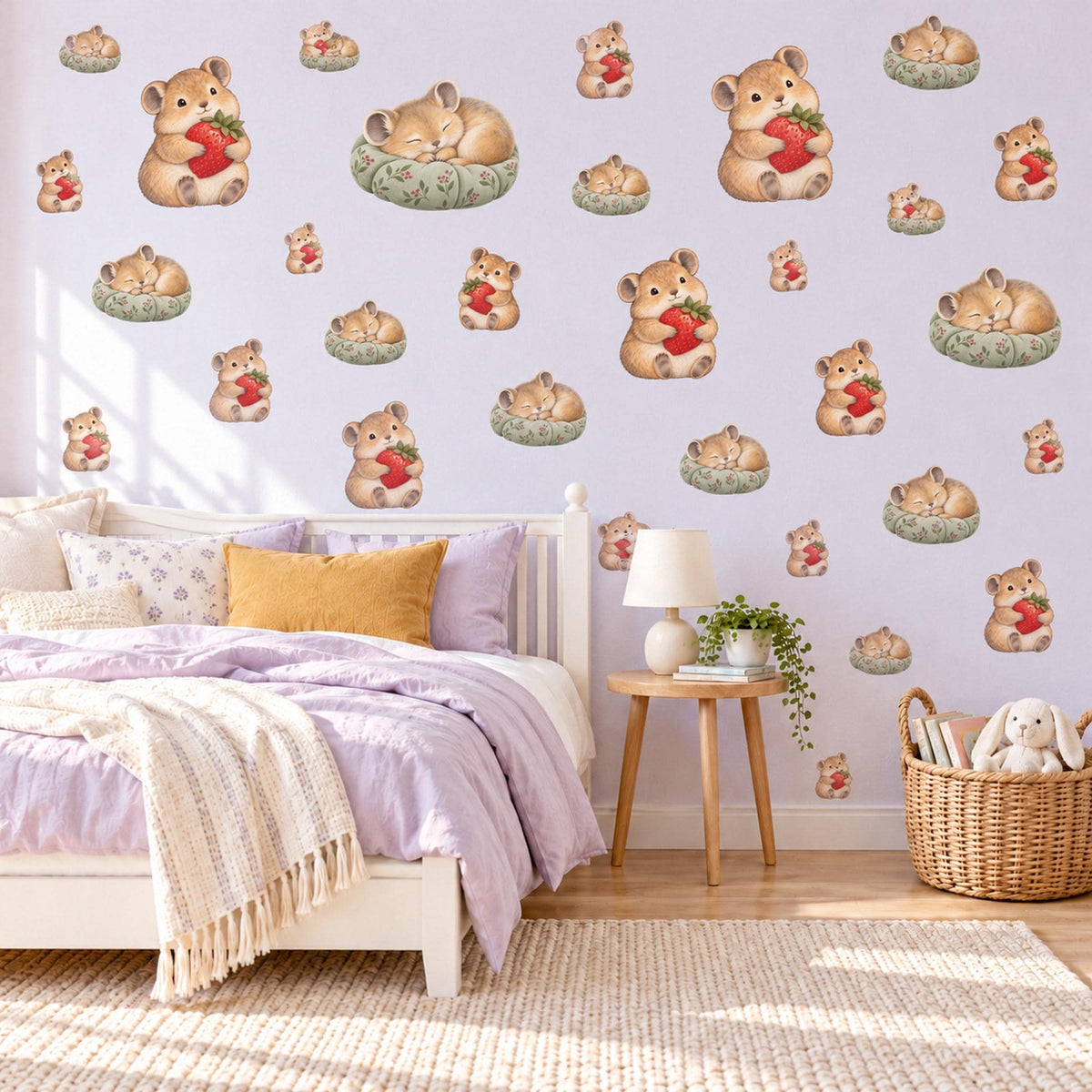 Pika Wall Stickers, Baby Animal Nursery Decor, Woodland Pika Berry Wall Decals, Caramel Red Sage Kids Room Peel and Stick Wall Art