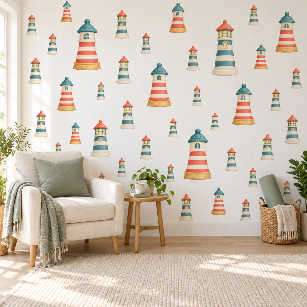 Lighthouse Wall Stickers, Nautical Nursery Decor, Seaside Lighthouse Wall Decals, Coral Teal Cream Kids Room Peel and Stick Wall Art