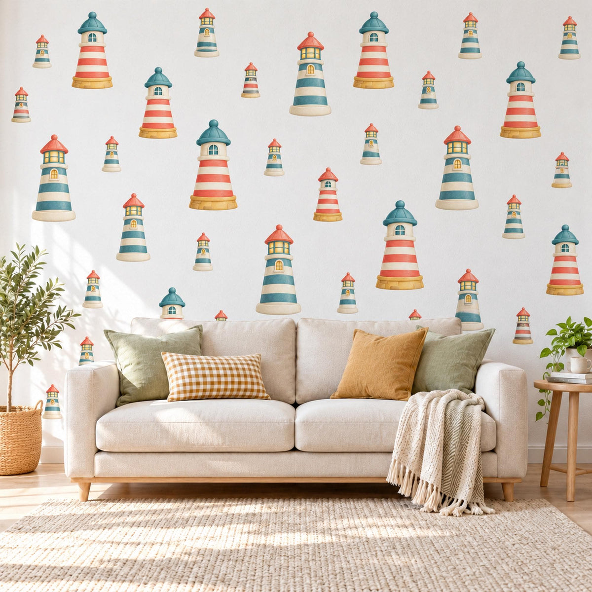 Lighthouse Wall Stickers, Nautical Nursery Decor, Seaside Lighthouse Wall Decals, Coral Teal Cream Kids Room Peel and Stick Wall Art