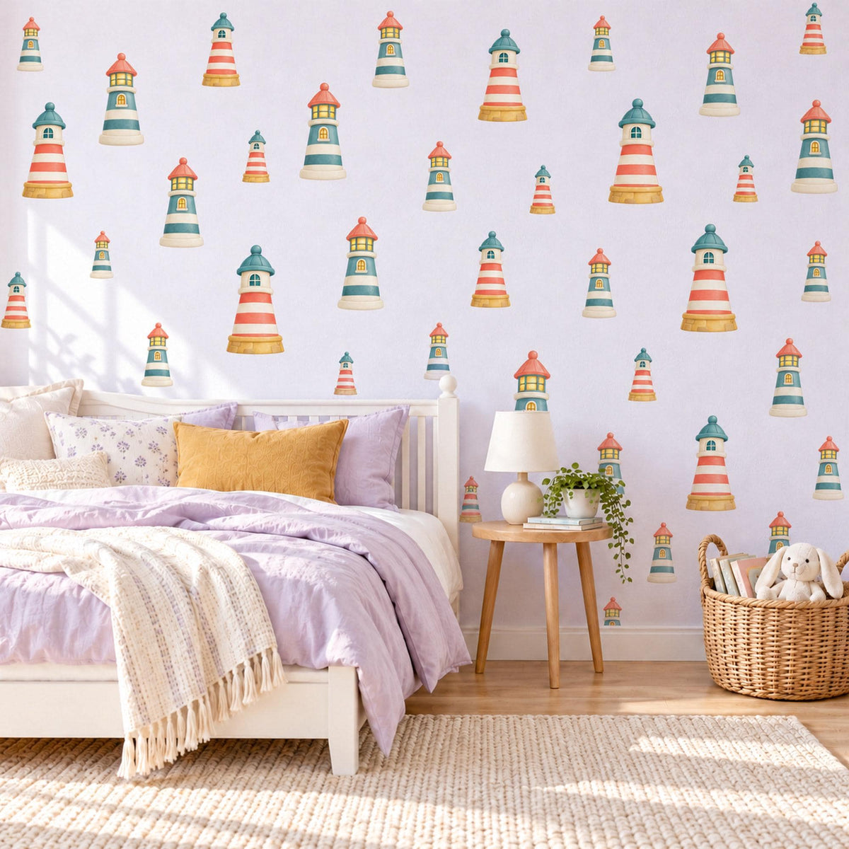Lighthouse Wall Stickers, Nautical Nursery Decor, Seaside Lighthouse Wall Decals, Coral Teal Cream Kids Room Peel and Stick Wall Art