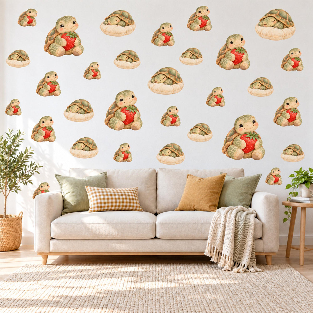 Tortoise Wall Stickers, Baby Tortoise Nursery Decor, Strawberry Wall Decals, Olive Red Cream Kids Room Animal Peel and Stick Wall Art