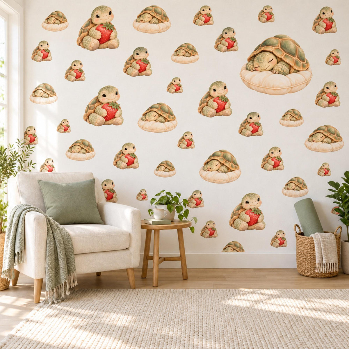 Tortoise Wall Stickers, Baby Tortoise Nursery Decor, Strawberry Wall Decals, Olive Red Cream Kids Room Animal Peel and Stick Wall Art