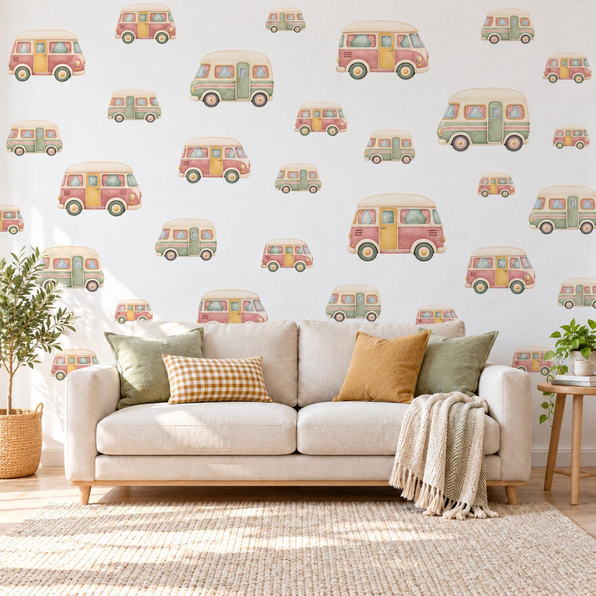 Camper Van Wall Stickers, Road Trip Nursery Decor, Retro Toy Van Wall Decals, Sage Coral Mustard Kids Room Peel and Stick Wall Art