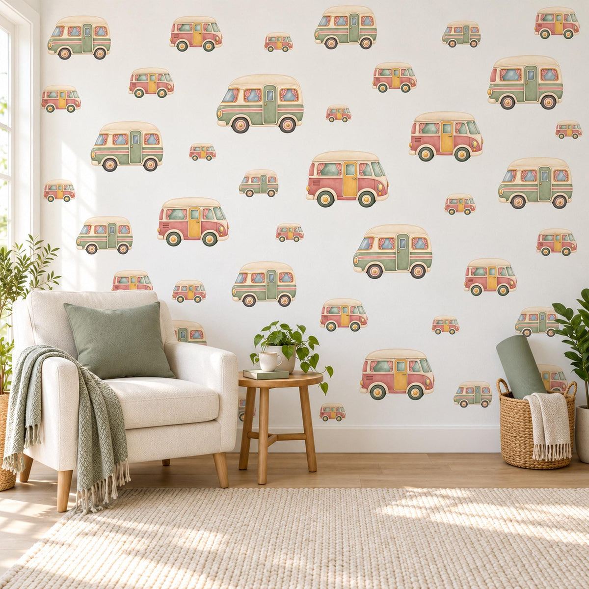 Camper Van Wall Stickers, Road Trip Nursery Decor, Retro Toy Van Wall Decals, Sage Coral Mustard Kids Room Peel and Stick Wall Art