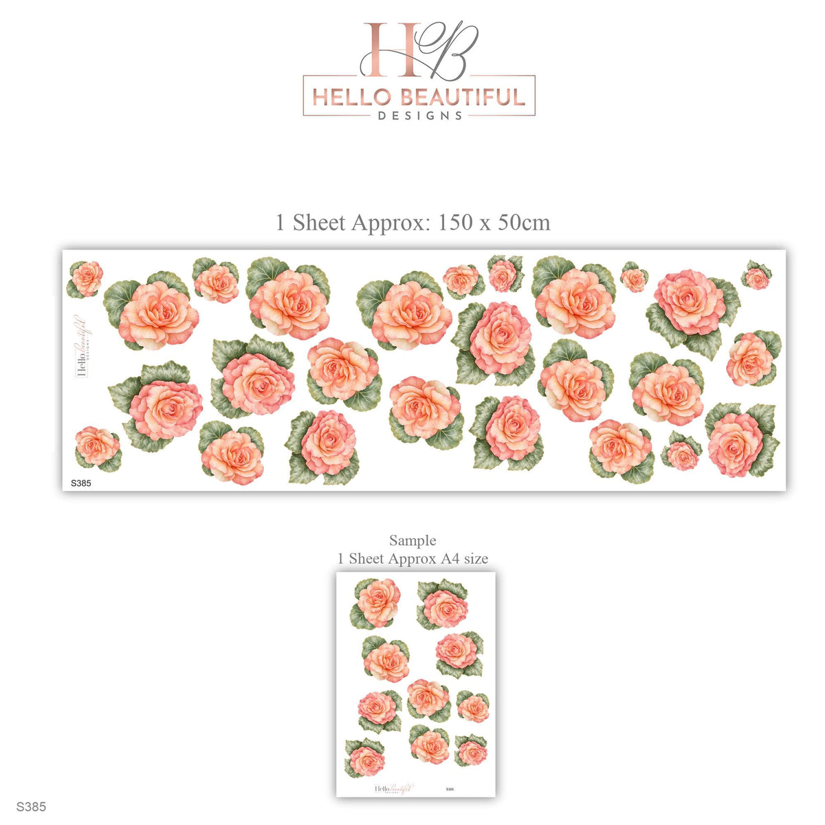 Begonia Wall Stickers, Peach Flower Nursery Decor, Botanical Rose Wall Decals, Coral Pink Green Girls Room Peel and Stick Wall Art