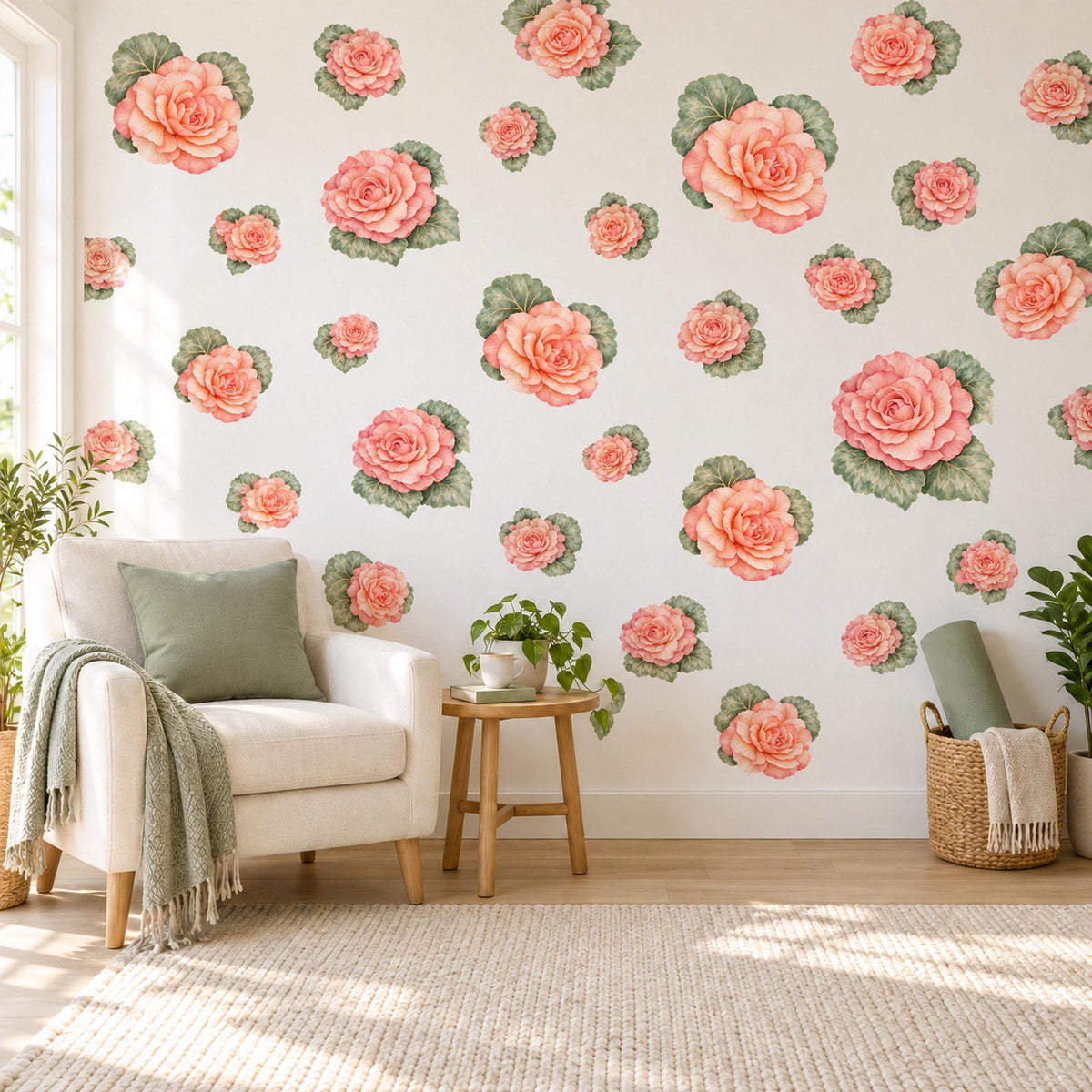 Begonia Wall Stickers, Peach Flower Nursery Decor, Botanical Rose Wall Decals, Coral Pink Green Girls Room Peel and Stick Wall Art