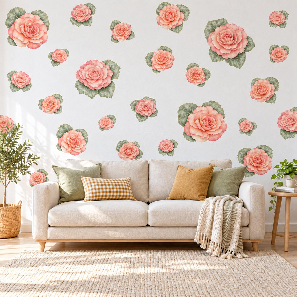 Begonia Wall Stickers, Peach Flower Nursery Decor, Botanical Rose Wall Decals, Coral Pink Green Girls Room Peel and Stick Wall Art