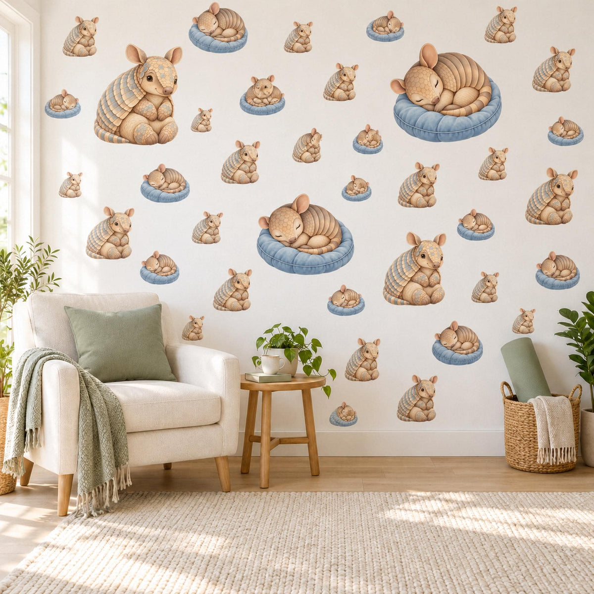 Armadillo Wall Stickers, Baby Animal Nursery Decor, Sleepy Armadillo Wall Decals, Tan Blue Cream Kids Room Peel and Stick Wall Art