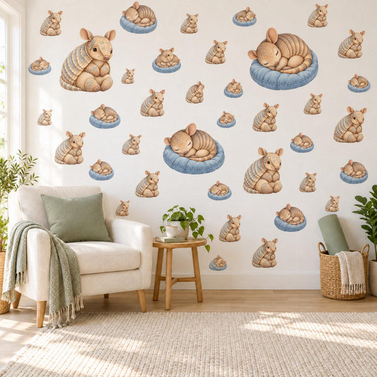 Armadillo Wall Stickers, Baby Animal Nursery Decor, Sleepy Armadillo Wall Decals, Tan Blue Cream Kids Room Peel and Stick Wall Art