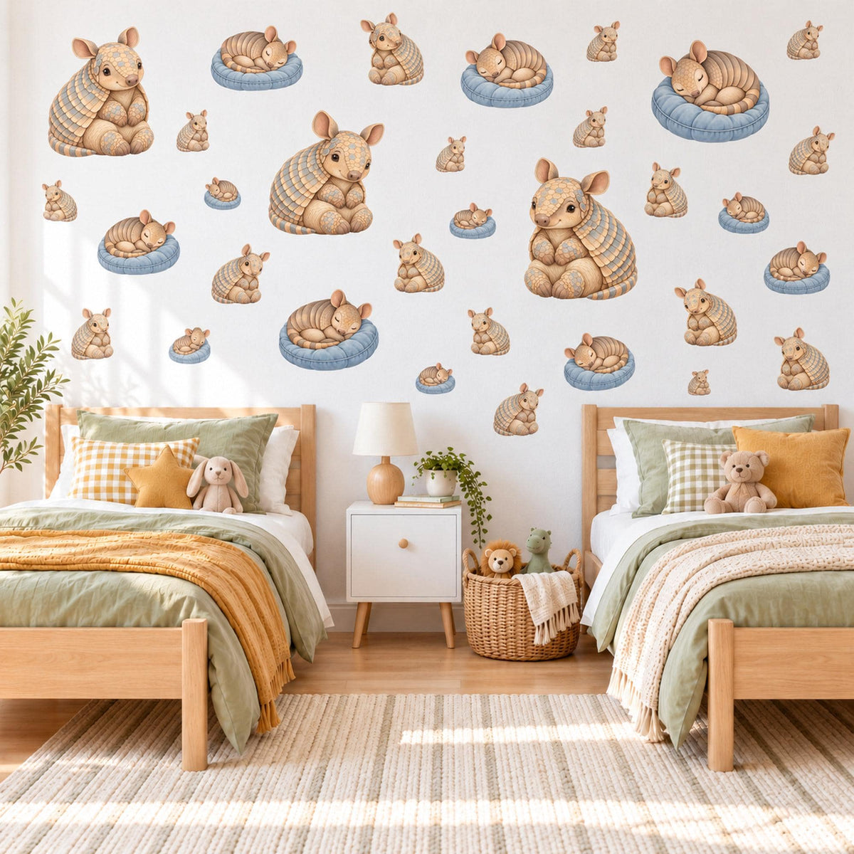 Armadillo Wall Stickers, Baby Animal Nursery Decor, Sleepy Armadillo Wall Decals, Tan Blue Cream Kids Room Peel and Stick Wall Art