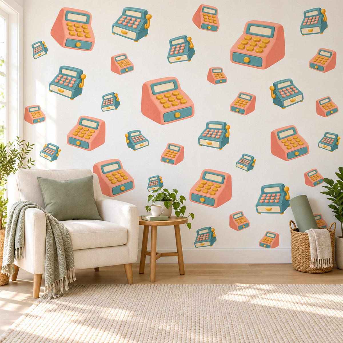 Cash Register Wall Stickers, Toy Shop Playroom Decor, Retro Till Wall Decals, Coral Teal Mustard Kids Room Peel and Stick Wall Art