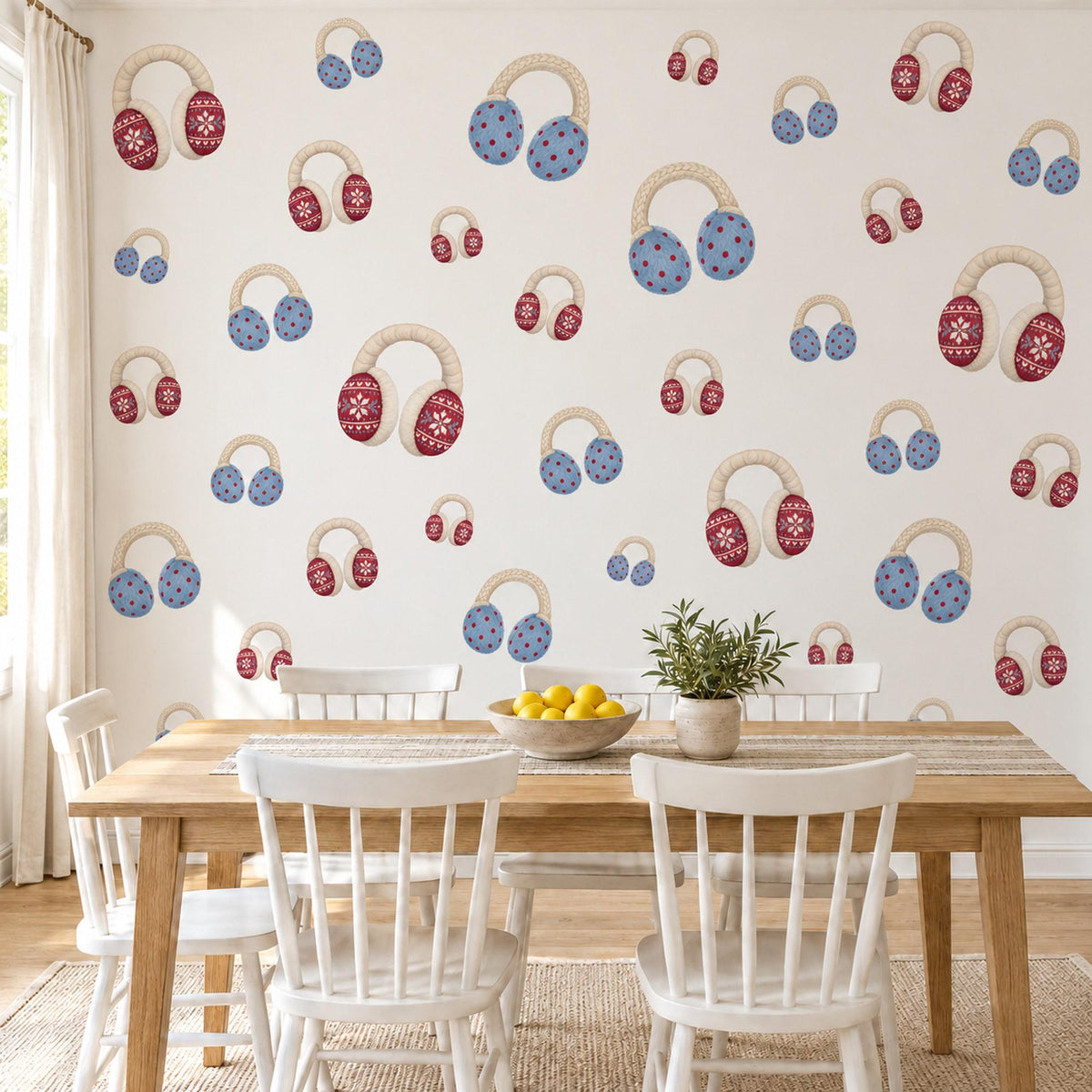 Earmuff Wall Stickers, Winter Nursery Decor, Fair Isle Knit Wall Decals, Red Blue Cream Kids Room Christmas Peel and Stick Wall Art