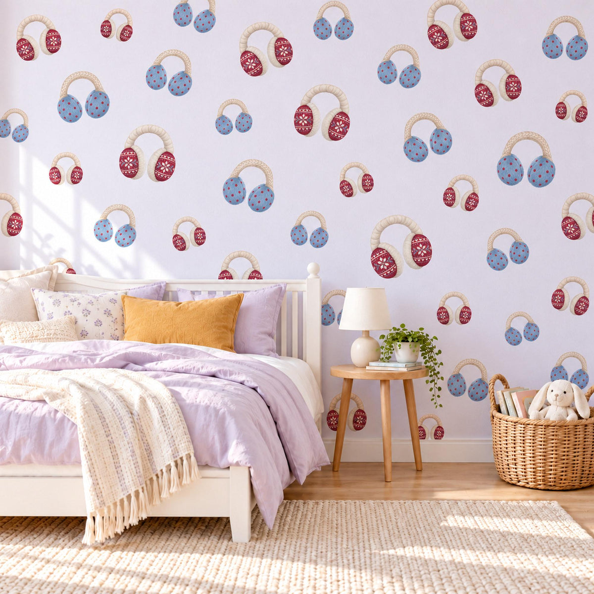 Earmuff Wall Stickers, Winter Nursery Decor, Fair Isle Knit Wall Decals, Red Blue Cream Kids Room Christmas Peel and Stick Wall Art