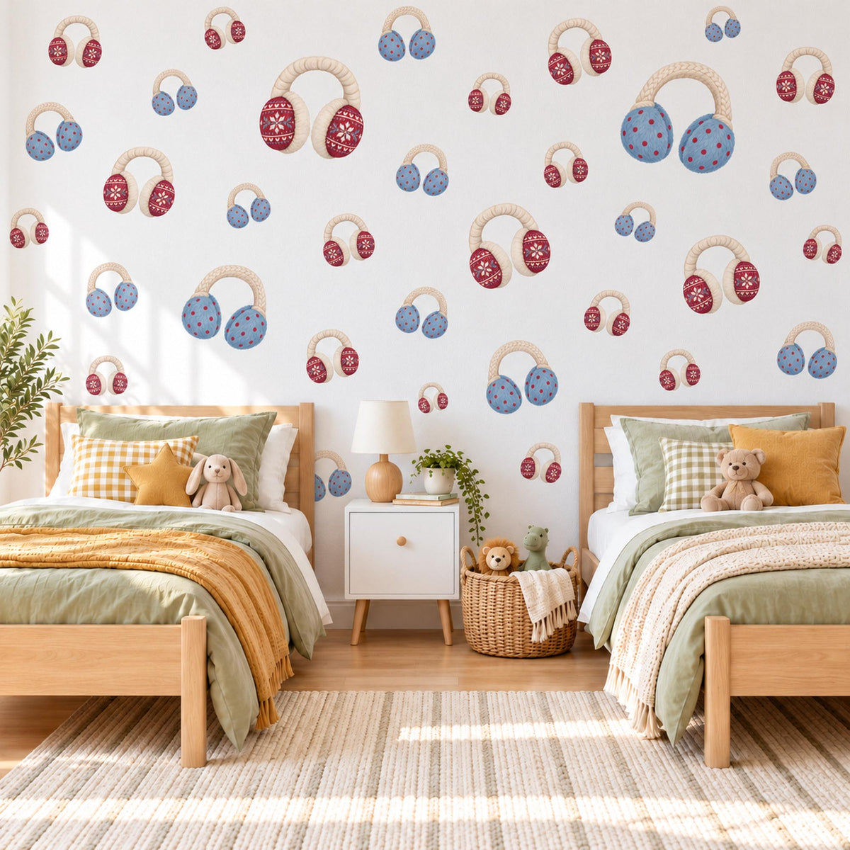 Earmuff Wall Stickers, Winter Nursery Decor, Fair Isle Knit Wall Decals, Red Blue Cream Kids Room Christmas Peel and Stick Wall Art