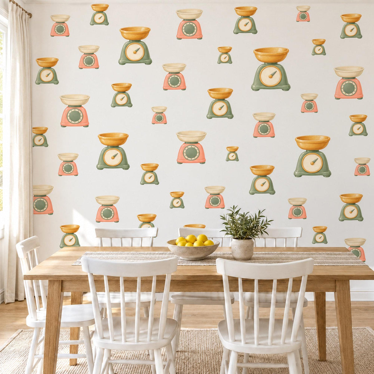 Kitchen Scale Wall Stickers, Play Kitchen Decor, Retro Baking Scale Wall Decals, Sage Pink Mustard Kids Room Peel and Stick Wall Art