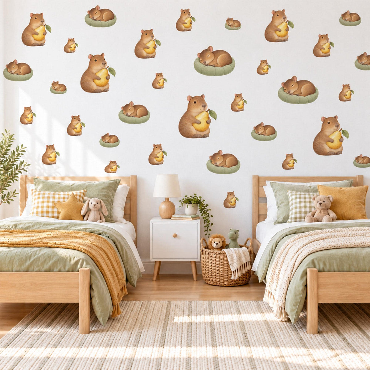 Guinea Pig Wall Stickers, Baby Cavy Nursery Decor, Pear Animal Wall Decals, Brown Yellow Sage Kids Room Peel and Stick Wall Art