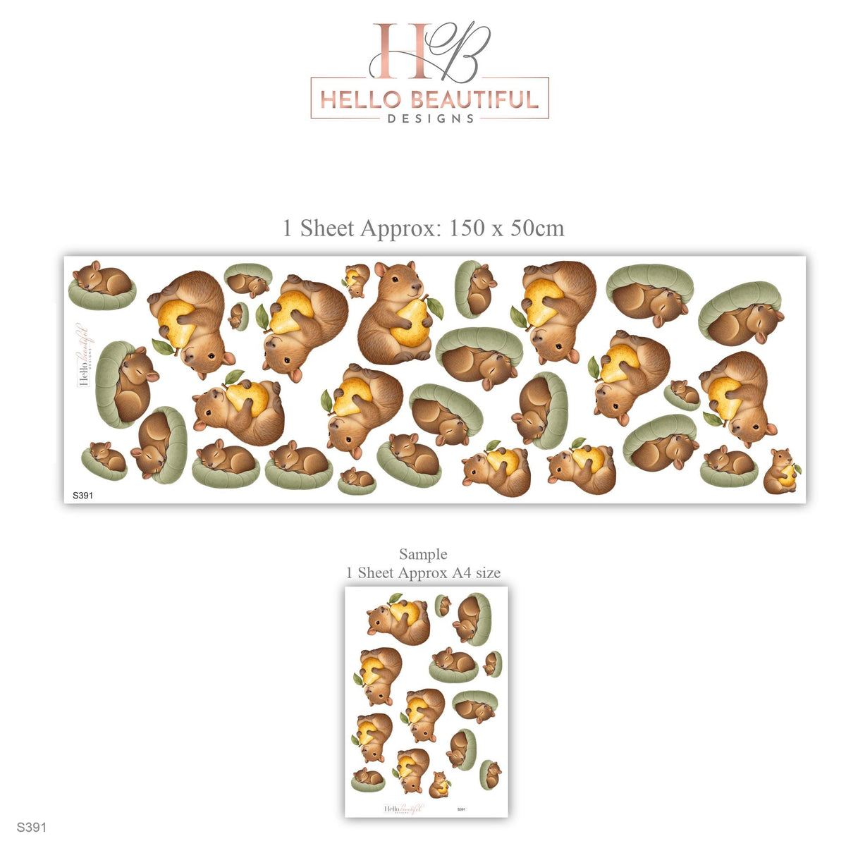 Guinea Pig Wall Stickers, Baby Cavy Nursery Decor, Pear Animal Wall Decals, Brown Yellow Sage Kids Room Peel and Stick Wall Art