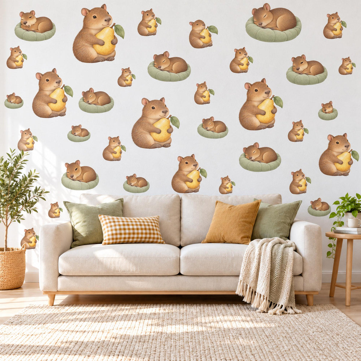 Guinea Pig Wall Stickers, Baby Cavy Nursery Decor, Pear Animal Wall Decals, Brown Yellow Sage Kids Room Peel and Stick Wall Art