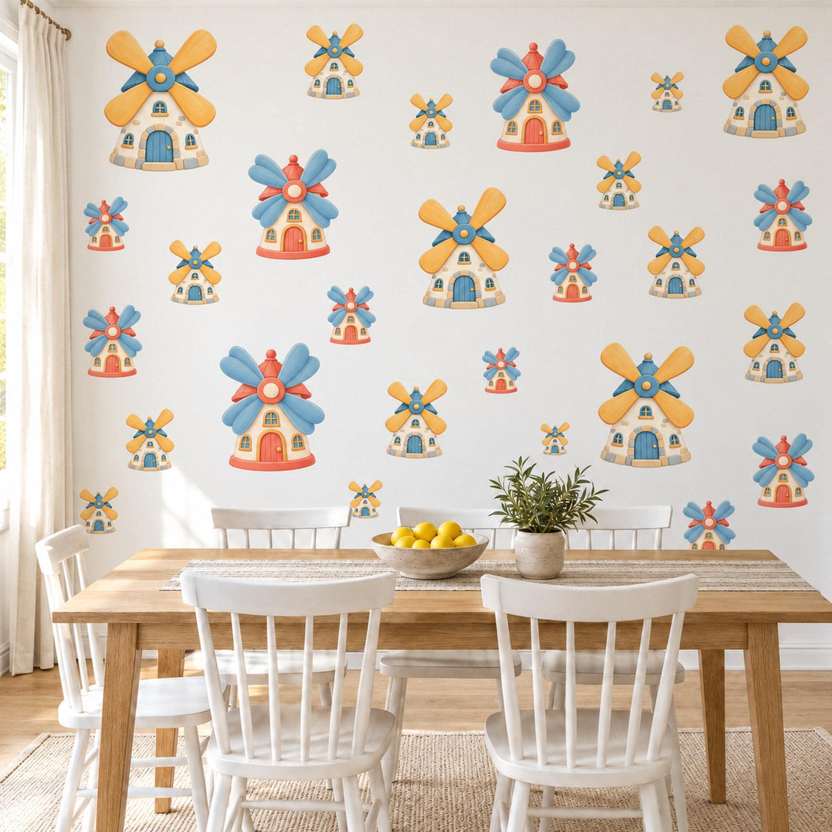 Windmill Wall Stickers, Toy Windmill Nursery Decor, Storybook Windmill Wall Decals, Yellow Blue Coral Kids Room Peel and Stick Wall Art
