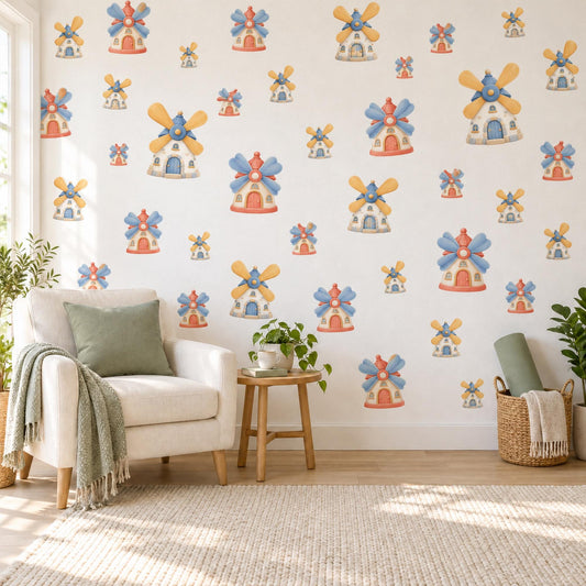 Windmill Wall Stickers, Toy Windmill Nursery Decor, Storybook Windmill Wall Decals, Yellow Blue Coral Kids Room Peel and Stick Wall Art