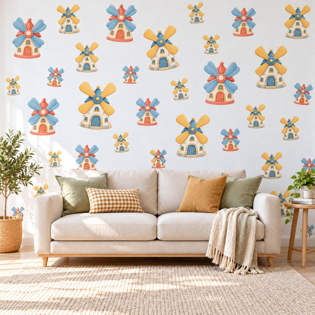 Windmill Wall Stickers, Toy Windmill Nursery Decor, Storybook Windmill Wall Decals, Yellow Blue Coral Kids Room Peel and Stick Wall Art