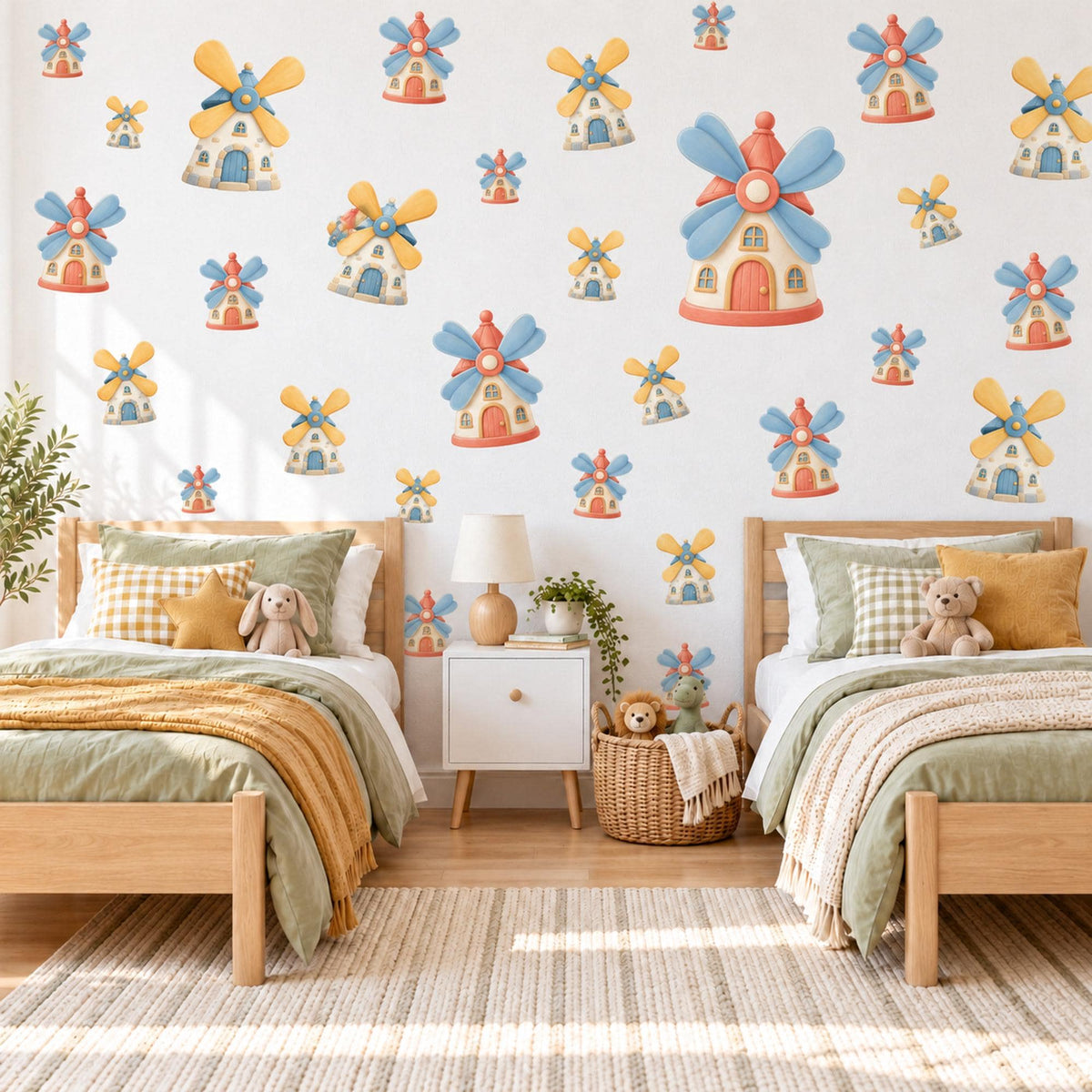 Windmill Wall Stickers, Toy Windmill Nursery Decor, Storybook Windmill Wall Decals, Yellow Blue Coral Kids Room Peel and Stick Wall Art