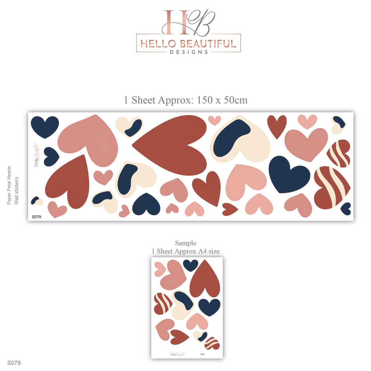 Heart Wall Stickers, Navy Terracotta Nursery Decor, Boho Heart Wall Decals, Girls Kids Room Pink Blue Peel and Stick Wall Art