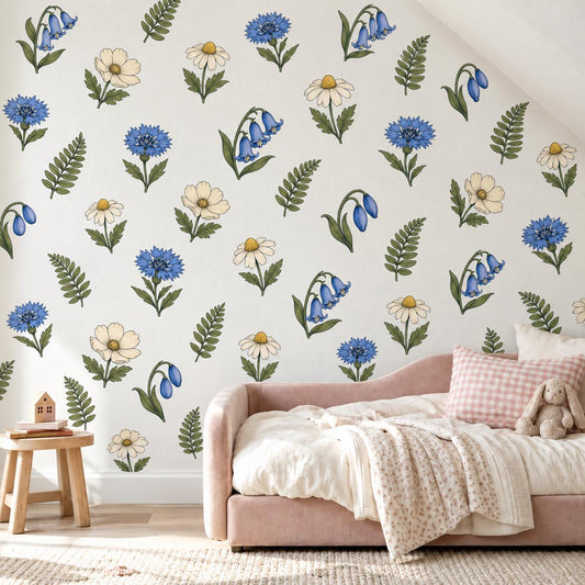 Wildflower Wall Stickers, Bluebell Nursery Decor, Cornflower Daisy Fern Wall Decals, Botanical Kids Room Blue Peel and Stick Wall Art
