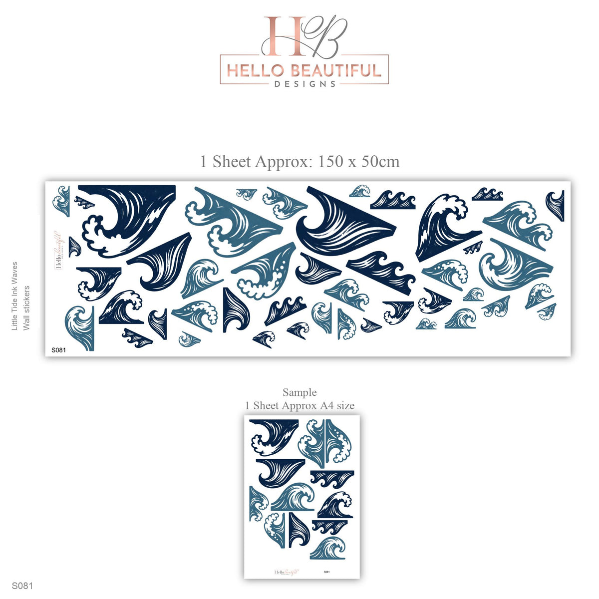 Wave Wall Stickers, Ocean Nursery Decor, Navy Blue Sea Wave Wall Decals, Surf Beach Boys Kids Room Coastal Peel and Stick Wall Art