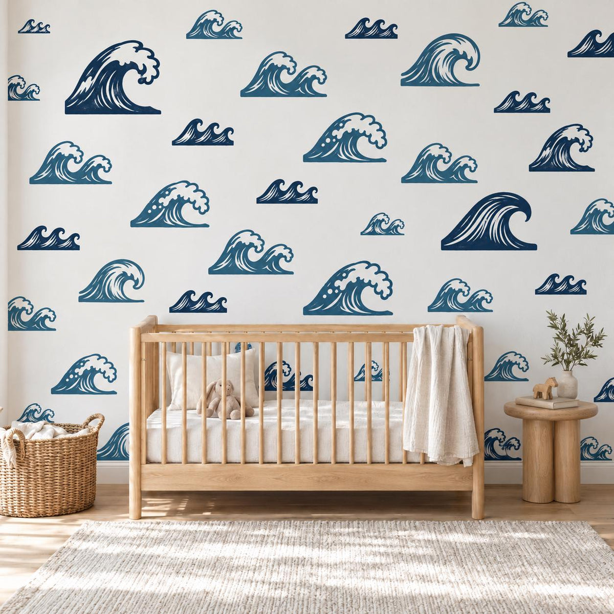 Wave Wall Stickers, Ocean Nursery Decor, Navy Blue Sea Wave Wall Decals, Surf Beach Boys Kids Room Coastal Peel and Stick Wall Art