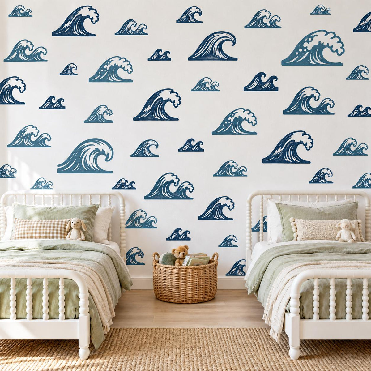 Wave Wall Stickers, Ocean Nursery Decor, Navy Blue Sea Wave Wall Decals, Surf Beach Boys Kids Room Coastal Peel and Stick Wall Art