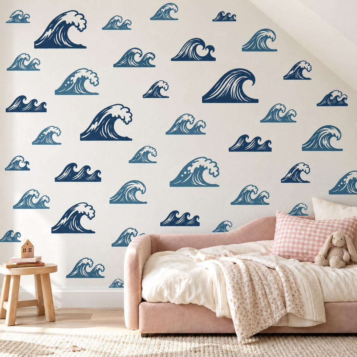 Wave Wall Stickers, Ocean Nursery Decor, Navy Blue Sea Wave Wall Decals, Surf Beach Boys Kids Room Coastal Peel and Stick Wall Art