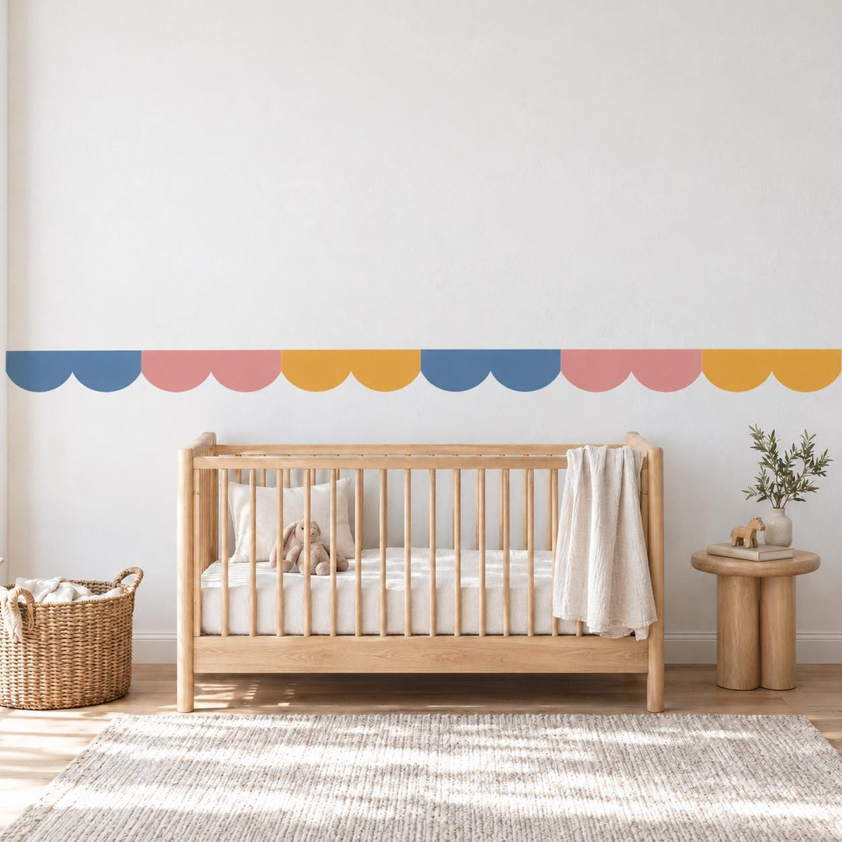 Scallop Wall Border Stickers, Blue Pink Mustard Nursery Decor, Scalloped Wall Decals, Kids Room Playroom Border Peel and Stick Wall Trim