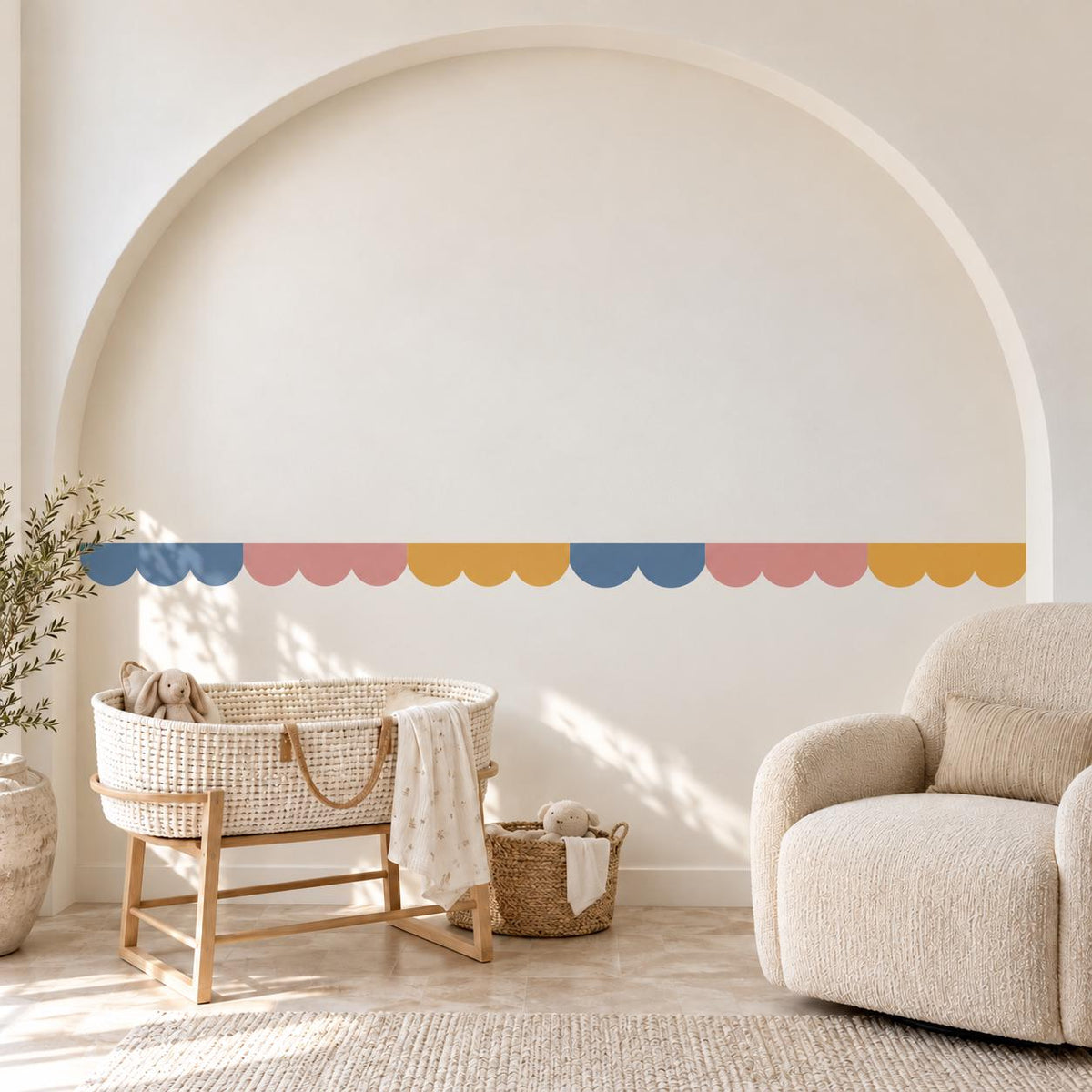 Scallop Wall Border Stickers, Blue Pink Mustard Nursery Decor, Scalloped Wall Decals, Kids Room Playroom Border Peel and Stick Wall Trim
