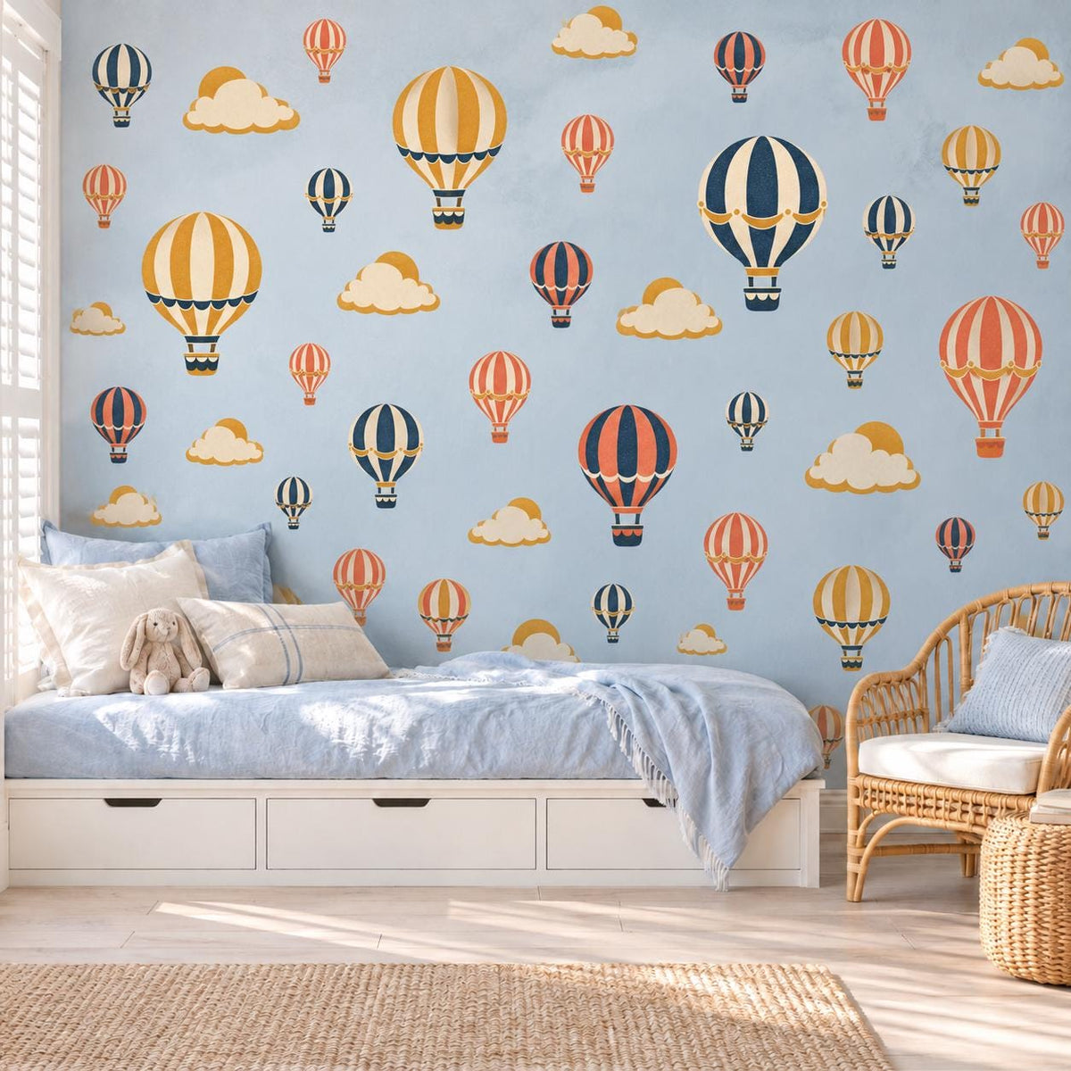 Hot Air Balloon Wall Stickers, Vintage Nursery Decor, Balloon and Cloud Wall Decals, Navy Mustard Coral Kids Room Peel and Stick Wall Art