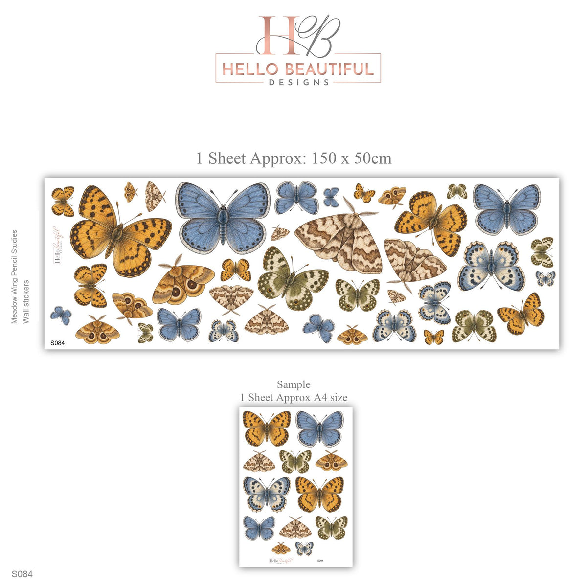 Butterfly Wall Stickers, Vintage Moth Nursery Decor, Botanical Butterfly Wall Decals, Girls Kids Room Blue Ochre Peel and Stick Wall Art