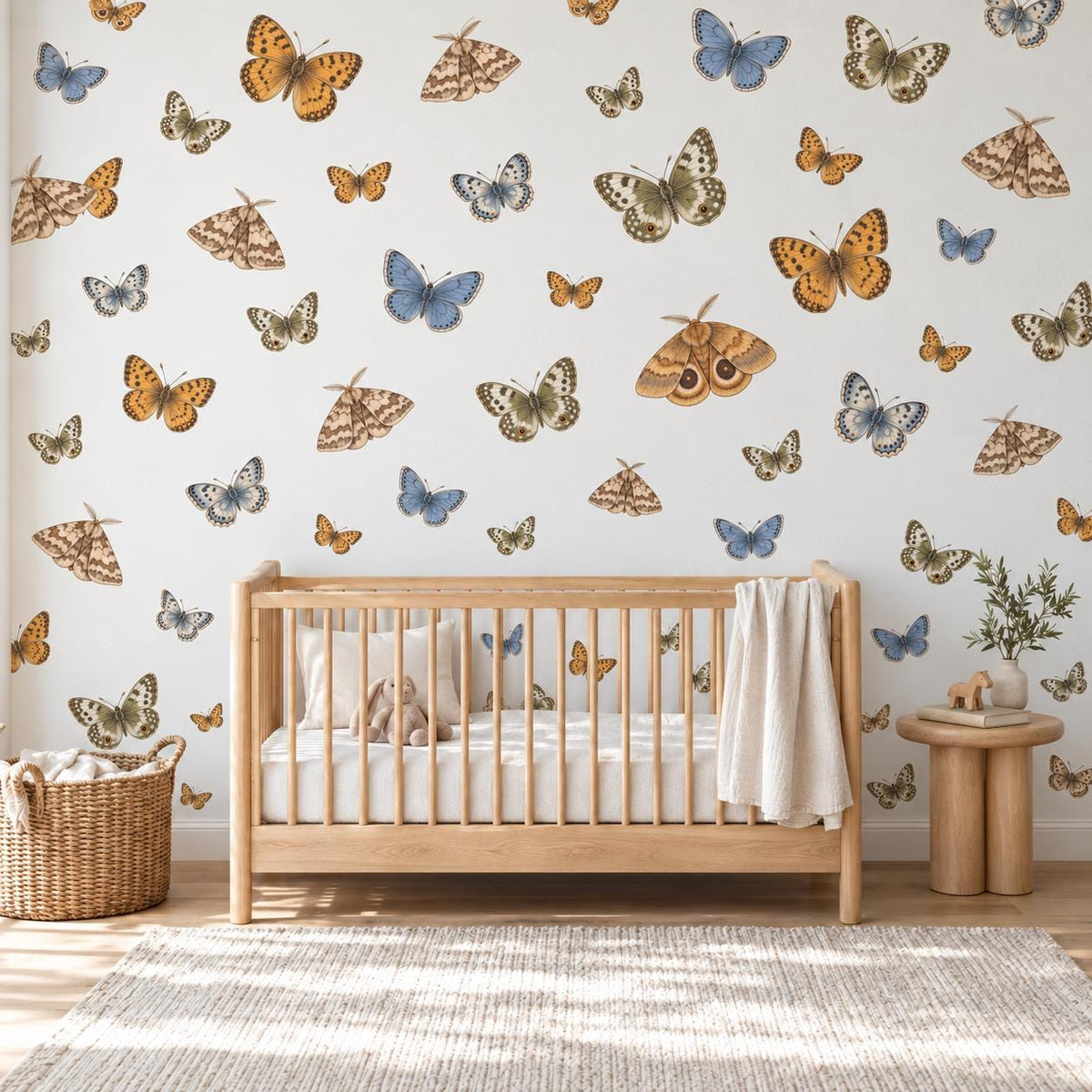Butterfly Wall Stickers, Vintage Moth Nursery Decor, Botanical Butterfly Wall Decals, Girls Kids Room Blue Ochre Peel and Stick Wall Art