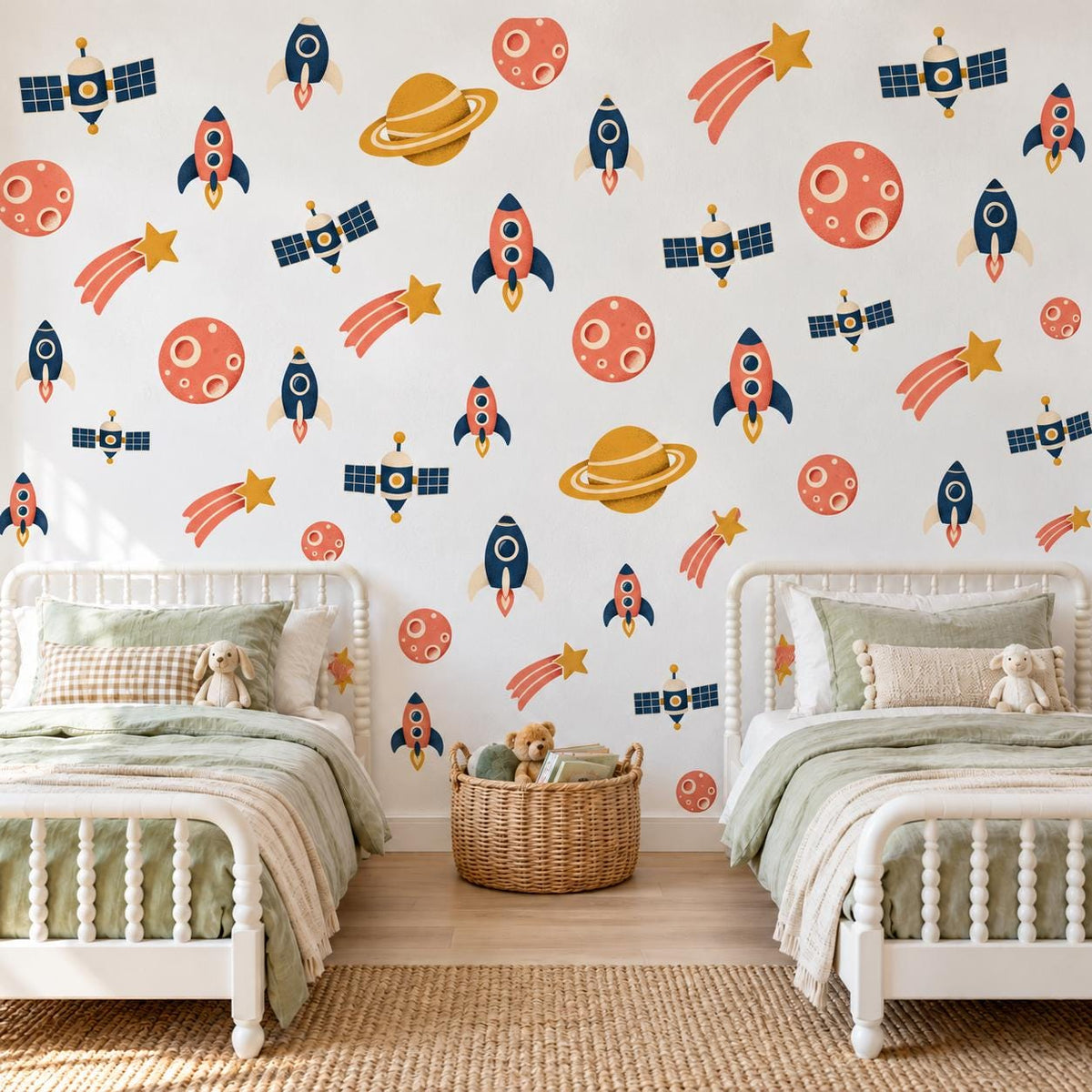 Space Wall Stickers, Rocket Planet Nursery Decor, Outer Space Wall Decals, Boys Kids Room Navy Coral Mustard Peel and Stick Wall Art