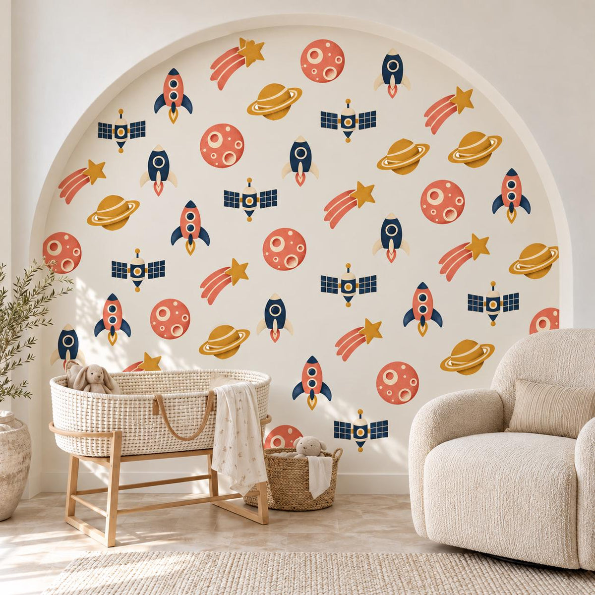 Space Wall Stickers, Rocket Planet Nursery Decor, Outer Space Wall Decals, Boys Kids Room Navy Coral Mustard Peel and Stick Wall Art