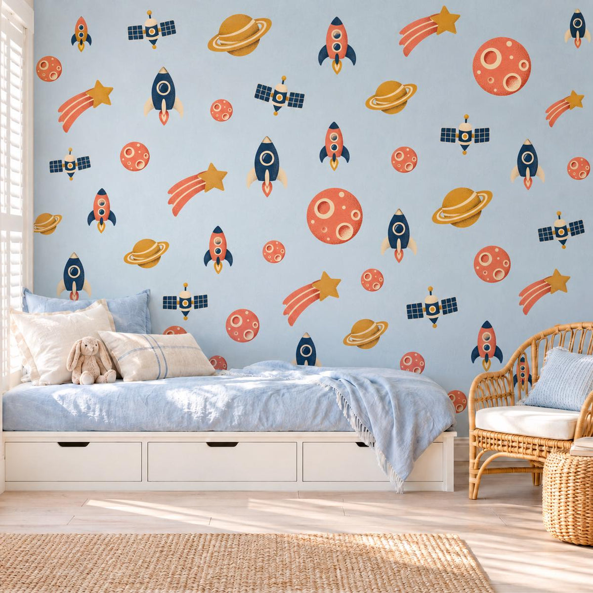 Space Wall Stickers, Rocket Planet Nursery Decor, Outer Space Wall Decals, Boys Kids Room Navy Coral Mustard Peel and Stick Wall Art