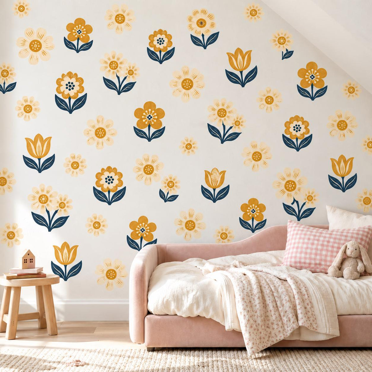 Daisy Wall Stickers, Mustard Navy Flower Nursery Decor, Folk Floral Wall Decals, Boho Girls Kids Room Yellow Peel and Stick Wall Art