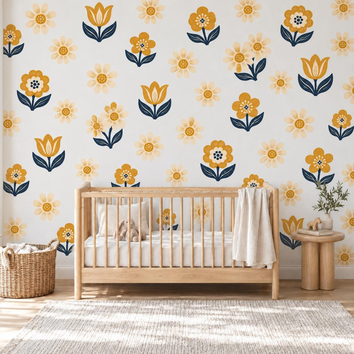 Daisy Wall Stickers, Mustard Navy Flower Nursery Decor, Folk Floral Wall Decals, Boho Girls Kids Room Yellow Peel and Stick Wall Art