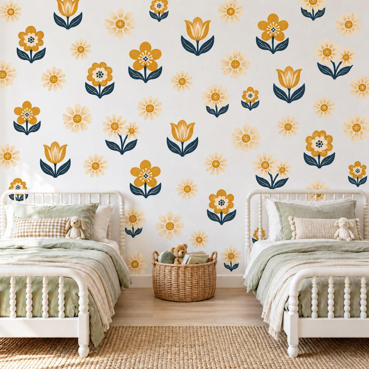 Daisy Wall Stickers, Mustard Navy Flower Nursery Decor, Folk Floral Wall Decals, Boho Girls Kids Room Yellow Peel and Stick Wall Art