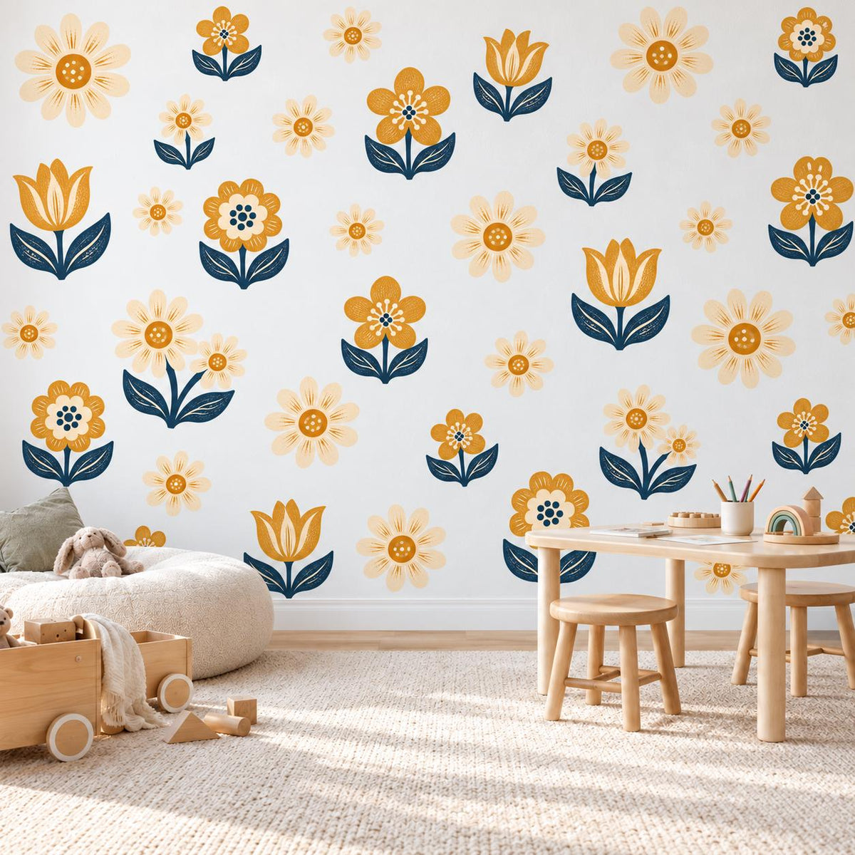 Daisy Wall Stickers, Mustard Navy Flower Nursery Decor, Folk Floral Wall Decals, Boho Girls Kids Room Yellow Peel and Stick Wall Art